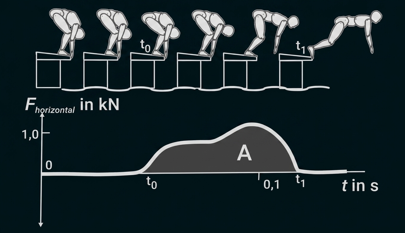 Sequenz eines Kopfsprungs vom Podest; darunter Diagramm der horizontalen Kraft (kN) über Zeit mit schattierter Fläche A zwischen t0 und t1.